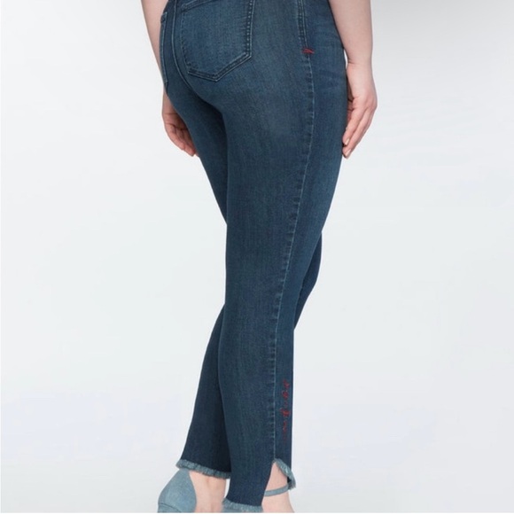 Eloquii “One of a Kind” Embroidered Raw Hem High Rise Ankle Stretch Jeans - Picture 2 of 12